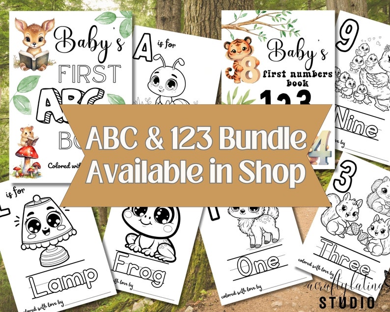 May include: A set of printable coloring pages for babies featuring animals and letters of the alphabet. The pages are titled "Baby's First ABC" and "Baby's First Numbers Book".