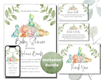Puede incluir: Un conjunto de invitaciones para una fiesta de bienvenida al bebé con un tema de dinosaurio verde y blanco. La invitación presenta una ilustración de acuarela de dinosaurios con un fondo verde de hojas. El texto de la invitación dice "Baby Shower Honoring Stephanie Brooks July 15, 2023 12:00 PM Anywhere St, Any City PTO Catherine by July 2 Phone +222-444-7777 Registered at Target & Amazon". El conjunto también incluye una tarjeta de rifa de pañales y una tarjeta de solicitud de libros.
