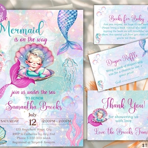 Mermaid Baby Shower Theme Invitation Bundle, Under the Sea, Ocean Animals Decor, Editable Template, Girl Baby Shower, Instant Download