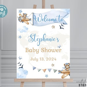 Airplane Baby Shower Welcome Sign, Teddy Bear Baby Shower Poster, Boy Bear Baby Shower Decor, Large Welcome Sign, The Adventure Awaits