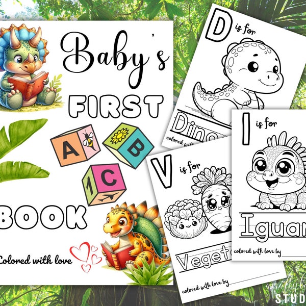 ABC Coloring Book Baby Shower, ABC Animals Book, Childrens Alphabet Book, Baby Shower Coloring Pages, First ABC Book, Dinosaur Baby Shower