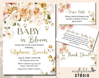 Baby Shower z jesiennymi kwiatami, Baby Shower z dzikimi kwiatami, Zaproszenie, Szablony do edycji, Jesienne liście, Bordowe zaproszenie na Baby Shower z kwitnącymi kwiatami