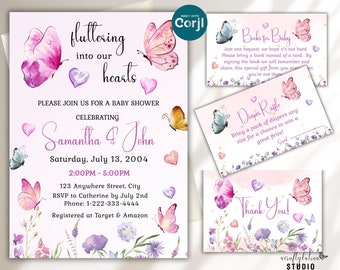 May include: A pink and purple baby shower invitation with butterflies and hearts. The invitation reads "fluttering into our hearts" and includes the names Samantha & John, the date Saturday, July 13, 2004, and the time 2:00PM - 5:00PM. The invitation also includes the address 123 Anywhere Street, City, the RSVP information, and the registry information.