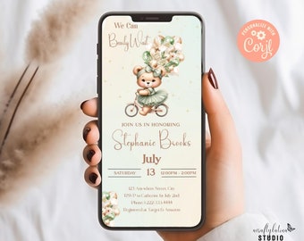 Teddy Bear Baby Shower Invitation, Girl Bearly Wait Invite, Editable Template, Balloons (Corjl Digital Download