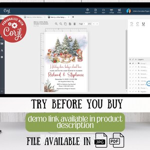 May include: A printable Christmas baby shower invitation with a wintery woodland scene. The invitation features a red sleigh with reindeer, a snowy forest, and the text "Holiday cheer, baby's almost here! Please join us for a baby shower to celebrate Richard & Stephanie. December 8, 2023 | 12:00 PM"