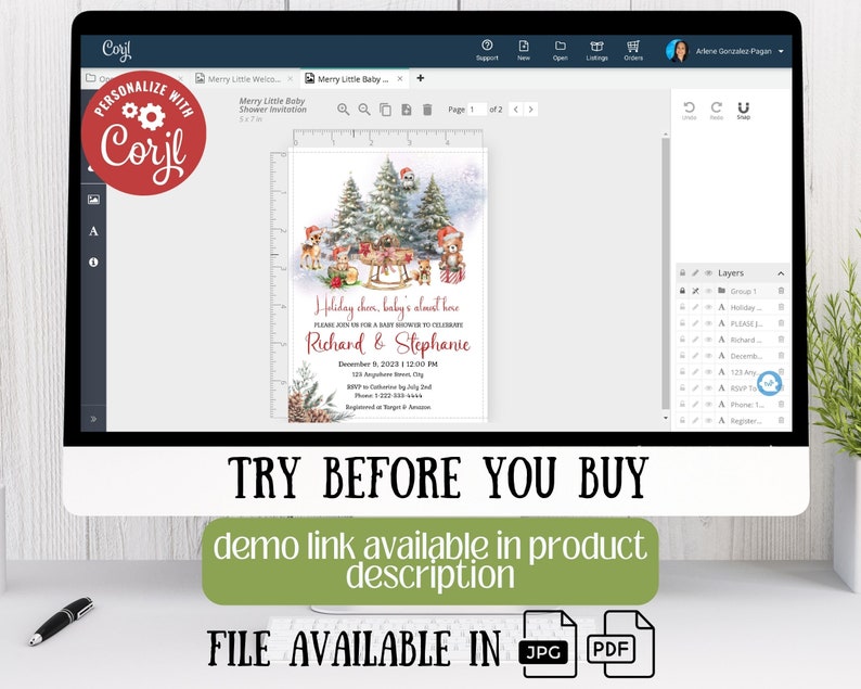 May include: A printable Christmas baby shower invitation with a wintery woodland scene. The invitation features a red sleigh with reindeer, a snowy forest, and the text "Holiday cheer, baby's almost here! Please join us for a baby shower to celebrate Richard & Stephanie. December 8, 2023 | 12:00 PM"