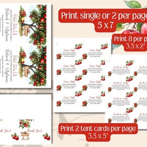 May include: Printable baby shower invitation and thank you cards featuring a watercolor illustration of an apple tree with red apples and a basket. The invitation text reads "Plakad Just for Us" and the thank you card text reads "Thank You". The text also includes instructions for printing the cards in different sizes.
