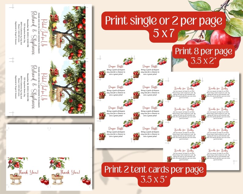 May include: Printable baby shower invitation and thank you cards featuring a watercolor illustration of an apple tree with red apples and a basket. The invitation text reads "Plakad Just for Us" and the thank you card text reads "Thank You". The text also includes instructions for printing the cards in different sizes.
