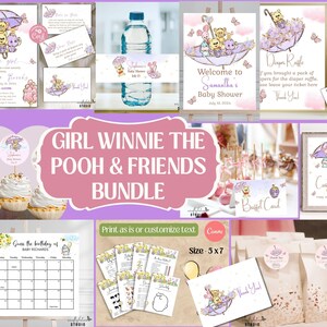 Winnie The Pooh Baby Shower Invitation Bundle, Girl Baby Shower, Classic Winnie The Pooh Bear Baby Shower, Editable Invitation Template