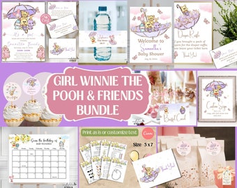 Winnie The Pooh Baby Shower Invitation Bundle, Girl Baby Shower, Classic Winnie The Pooh Bear Baby Shower, Editable Invitation Template
