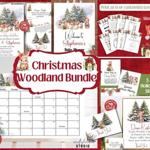 Christmas Baby Shower Woodland Invitation Bundle, Forest Animals Baby Shower Package, Greenery Invitation, Woodland Animals Editable Games