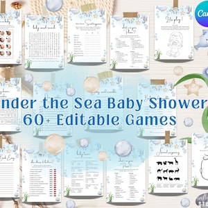 Editable Under the Sea Baby Shower Games, Printable Baby Games, Editable Baby Shower Games, Boy Baby Shower, Ocean Creatures, Baby Bingo