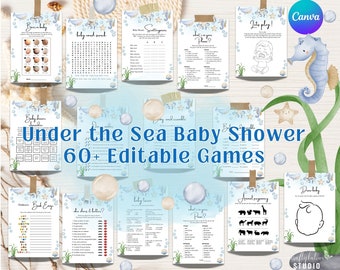 May include: A set of printable baby shower games with an under the sea theme. The games include "Guess the Baby Food", "Baby Word Search", "Baby Shower Bingo", "What's in Your Purse", "Baby Trivia", "Animal Pregnancy", "Draw Baby", "Guess the Song", "Who Does it Better", "Baby Scramble", "Guess the Emoji", "Baby Shower Charades", and "It's a Boy!" The games are designed to be printed and played at a baby shower.