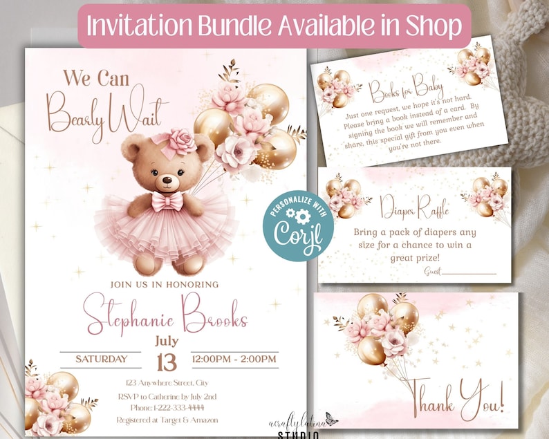 Teddy Bear Baby Shower Welcome Sign, Pink and Gold Balloons, Editable Template (Corjl image 4