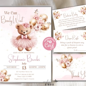 Peut inclure: Un ensemble d'invitations pour f&ecirc;te pr&eacute;natale avec un ours en peluche marron portant un tutu et un n&oelig;ud papillon roses, entour&eacute; de ballons dor&eacute;s et de fleurs roses. Le texte inclut We Can Bearly Wait, Books for Baby, Diaper Raffle et Thank You.
