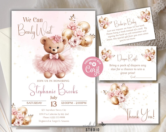 We Can Bearly Wait Baby Shower Invitation Template | Pink Floral Bear Theme (Digital Download)