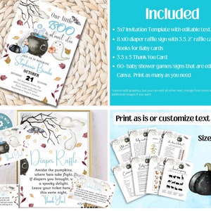 K&ouml;nnte beinhalten: Druckbarer Babyparty-Spiele-Set f&uuml;r Halloween mit einem schwarzen Kessel, Geistern und Flederm&auml;usen. Das Set enth&auml;lt ein Wickel-Tombola-Schild, eine Dankeskarte und &uuml;ber 60 Spiele und Schilder, die in Canva bearbeitet werden k&ouml;nnen. Die Spiele beinhalten ein Wortsuchspiel, ein "Errate das Babynahrung"-Spiel und ein "Wer kennt die Mama am besten"-Spiel. Das Set ist auf wei&szlig;em Karton gedruckt und perfekt f&uuml;r eine Halloween-Babyparty.
