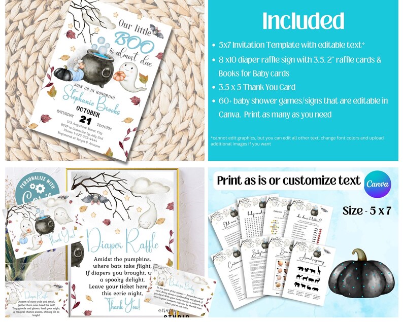 K&ouml;nnte beinhalten: Druckbarer Babyparty-Spiele-Set f&uuml;r Halloween mit einem schwarzen Kessel, Geistern und Flederm&auml;usen. Das Set enth&auml;lt ein Wickel-Tombola-Schild, eine Dankeskarte und &uuml;ber 60 Spiele und Schilder, die in Canva bearbeitet werden k&ouml;nnen. Die Spiele beinhalten ein Wortsuchspiel, ein "Errate das Babynahrung"-Spiel und ein "Wer kennt die Mama am besten"-Spiel. Das Set ist auf wei&szlig;em Karton gedruckt und perfekt f&uuml;r eine Halloween-Babyparty.