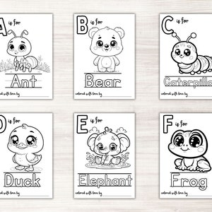 May include: Black and white coloring pages featuring the alphabet from A to F with a cute animal illustration for each letter. The letters are in large, bold font and the animals are drawn in a cartoon style. The text "is for" appears next to each letter and the name of the animal is written below the illustration. The text "colored with love by" appears at the bottom of each page.