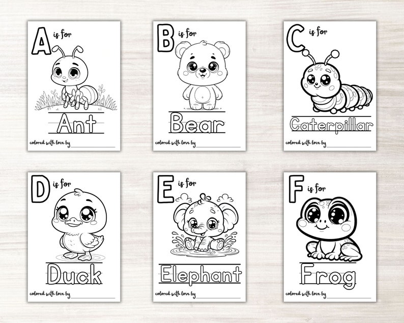 May include: Black and white coloring pages featuring the alphabet from A to F with a cute animal illustration for each letter. The letters are in large, bold font and the animals are drawn in a cartoon style. The text "is for" appears next to each letter and the name of the animal is written below the illustration. The text "colored with love by" appears at the bottom of each page.