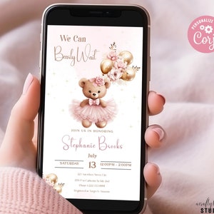 We Can Bearly Wait Evite Invito Baby Shower, Invito Baby Shower Orsetto Modificabile, Invito Baby Shower Orsetto Palloncino, Invito Baby Shower Bambina