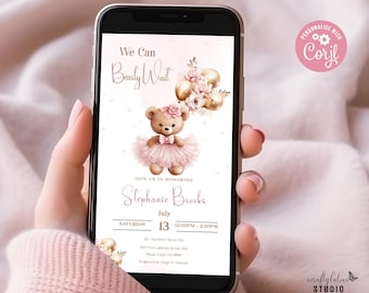 We Can Bearly Wait Evite Baby Shower Invitation, Editable Teddy Bear Baby Shower Invitation, Balloon Bear Shower, Girl Baby Shower