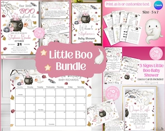May include: A printable baby shower bundle with a Halloween theme. The bundle includes a welcome sign, a calendar, a "Don't Say Boo" game, a "How Big Is Mommy's Belly" game, a "Guess How Many Bottles in the Cauldron" game, a diaper raffle card, and a thank you card. The design features ghosts, pumpkins, cauldrons, and bats in a watercolor style.