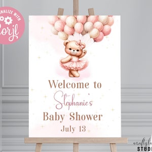 Teddy Bear Balloon Baby Shower Welcome Sign, It&#39;s a Girl Baby Shower Poster, Girl Bear Baby Shower Decor, Large Welcome Sign, Pink Baby Show
