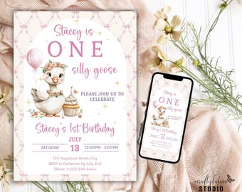Eine Alberne Gans Geburtstagseinladung, 1. Geburtstag bearbeitbare Vorlage, Gänseparty einladen, digitaler Download, rosa Schleife, Mädchen Geburtstag einladen
