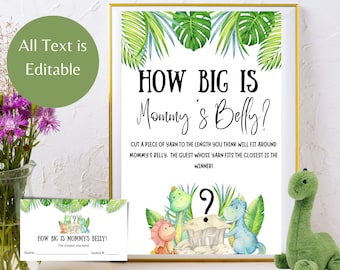 Dinosaurus babyshower spel, 'Hoe groot is mama's buik?' bordje (bewerkbaar PDF)