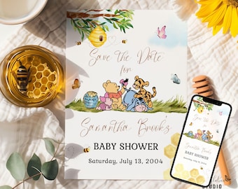 Winnie the Pooh Save the Date, Baby Shower Evite, Classic Winnie the Pooh Baby Shower, Instant Download, Editable Invitation, Gender Neutral