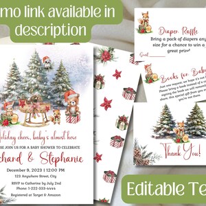 May include: A printable baby shower invitation with a winter woodland theme. The invitation features a snowy forest scene with a red sled, a deer, a squirrel, and a bear. The text on the invitation reads "Holiday cheer, baby's almost here" and includes the names "Richard & Stephanie", the date and time of the shower, and the address. The invitation also includes information about RSVP and gift registry.
