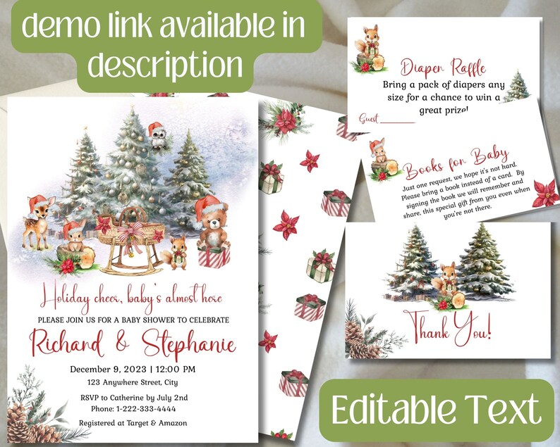 May include: A printable baby shower invitation with a winter woodland theme. The invitation features a snowy forest scene with a red sled, a deer, a squirrel, and a bear. The text on the invitation reads "Holiday cheer, baby's almost here" and includes the names "Richard & Stephanie", the date and time of the shower, and the address. The invitation also includes information about RSVP and gift registry.