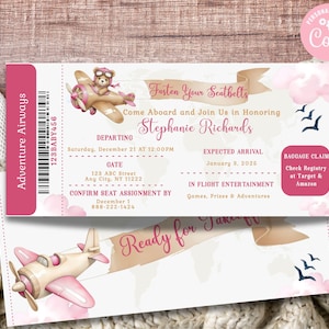 Adventure Awaits Baby Shower Invitation Boarding Pass, Adventure Awaits, Girl Bear Baby Shower, Editable Template, Travel Baby Shower