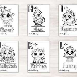 May include: Black and white coloring pages featuring the alphabet from G to L with illustrations of a goat, hen, iguana, jellyfish, kitten, and lamp. Each page includes the letter, the word for the illustration, and the phrase "colored with love by".