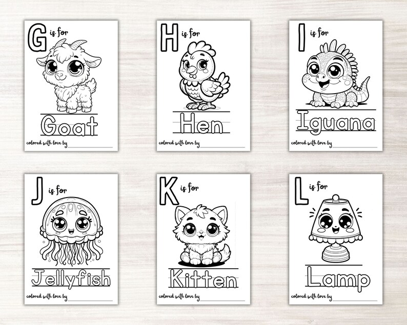 May include: Black and white coloring pages featuring the alphabet from G to L with illustrations of a goat, hen, iguana, jellyfish, kitten, and lamp. Each page includes the letter, the word for the illustration, and the phrase "colored with love by".