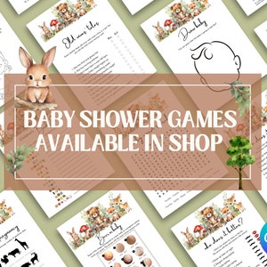 May include: A set of printable baby shower games featuring woodland animal illustrations. The games include "Old Wives Tales", "Draw Baby", "Who Does It Better?", "Animal Pregnancy", "Bear or Baby", and a word search puzzle. The games are available in a shop.