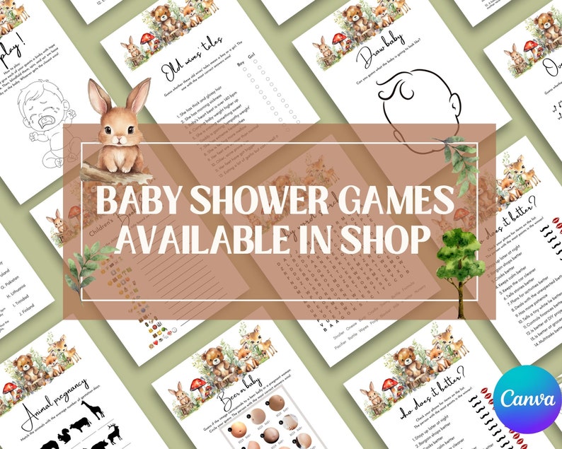 May include: A set of printable baby shower games featuring woodland animal illustrations. The games include "Old Wives Tales", "Draw Baby", "Who Does It Better?", "Animal Pregnancy", "Bear or Baby", and a word search puzzle. The games are available in a shop.