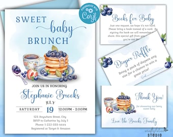 Einladungsset für einen Blaubeer-Babybrunch, Bücher fürs Baby, Windel-Verlosung, Dankeskarten