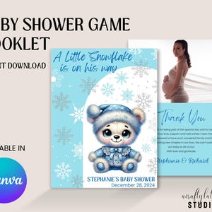 Printable Snowflake Baby Shower Games Booklet, Winter Wonderland Baby Shower, Baby Trivia, Bingo, Boy Baby Shower, Editable Template