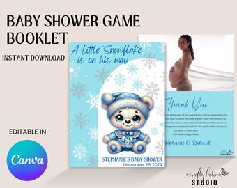 Pode incluir: Um livreto de jogos para chá de bebê azul e branco com um urso de floco de neve de desenho animado e o texto "A Little Snowflake is on his way". O livreto é editável no Canva e inclui um cartão de agradecimento com o texto "Obrigado por fazer parte deste dia especial e por celebrar nosso amor, apoio e votos significam o mundo para nós. Somos abençoados por ter uma família e amigos tão maravilhosos enquanto começamos este novo capítulo em nossas vidas. Mal podemos esperar para apresentar nosso bebê a vocês! Com amor e gratidão, Stephanie & Richard".
