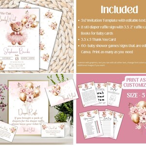 We Can Bearly Wait Girl Baby Shower Invite, Teddy Bear Baby Shower Invitation, Pink Teddy Shower Invite, Editable Bear Invitation, Balloons image 2