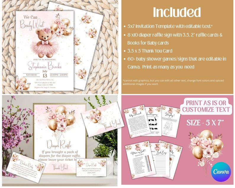 We Can Bearly Wait Girl Baby Shower Invite, Teddy Bear Baby Shower Invitation, Pink Teddy Shower Invite, Editable Bear Invitation, Balloons image 2