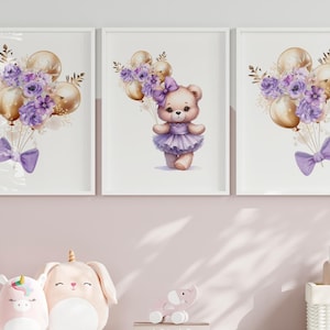 Girl Nursey Décor, Bear Nursery Decor, Teddy Bear Print, Baby Girl Nursery, Set Of 3 Bear Nursery Prints, Baby Girl, Ballerina Nursery Print
