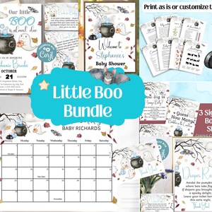 K&ouml;nnte beinhalten: Ein druckbares Halloween-Babyparty-Paket in einem blauen, wei&szlig;en und schwarzen Farbschema. Das Paket enth&auml;lt ein Willkommenszeichen, einen Kalender, ein Wickel-Tombola-Schild, eine Spielkarte und eine Dankeskarte. Das Thema ist "Little Boo" und zeigt Geister, Flederm&auml;use und Kessel.