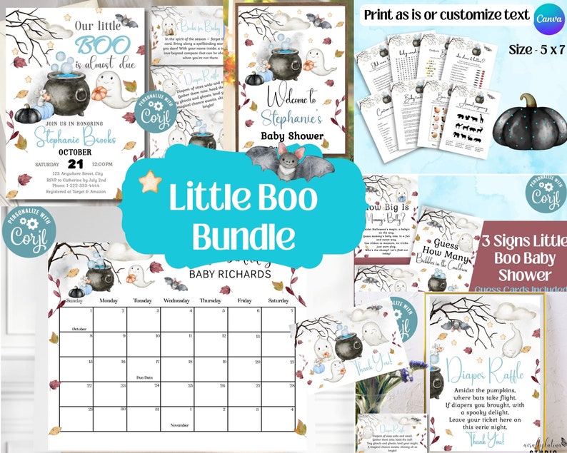 K&ouml;nnte beinhalten: Ein druckbares Halloween-Babyparty-Paket in einem blauen, wei&szlig;en und schwarzen Farbschema. Das Paket enth&auml;lt ein Willkommenszeichen, einen Kalender, ein Wickel-Tombola-Schild, eine Spielkarte und eine Dankeskarte. Das Thema ist "Little Boo" und zeigt Geister, Flederm&auml;use und Kessel.