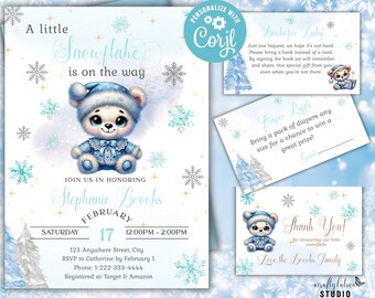 A Little Snowflake Baby Shower Invitation, Winter Wonderland Invite, Bear Baby Shower, Editable Template, Instant Download, Boy Baby Shower