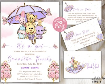 Zaproszenie na baby shower dla dziewczynki z Kubusiem Puchatkiem, fioletowym parasolem, książkami i loterią pieluchową
