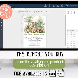 May include: A digital design for a baby shower invitation featuring a watercolour illustration of woodland animals, including a bear, fox, deer, and raccoon. The text reads "Our Greatest Adventure Awaits" and includes the names "Richard & Stephanie" and the date "November 18, 2023".