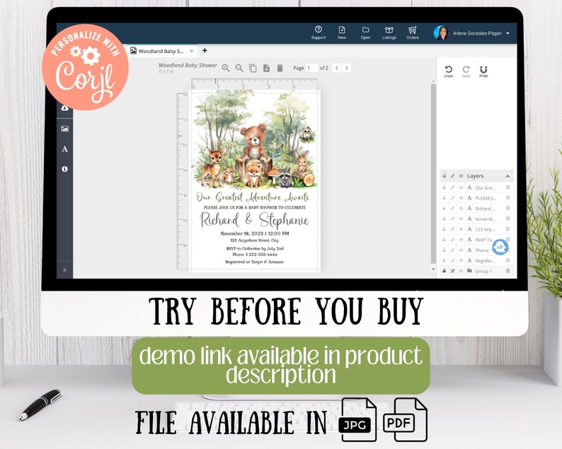 May include: A digital design for a baby shower invitation featuring a watercolour illustration of woodland animals, including a bear, fox, deer, and raccoon. The text reads "Our Greatest Adventure Awaits" and includes the names "Richard & Stephanie" and the date "November 18, 2023".